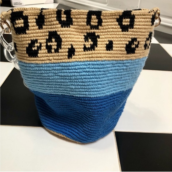 Soraya Hennessy Bucket Bag Colorblock Tote Tan Blue Leopard Print Lucite Strap - Picture 5 of 12